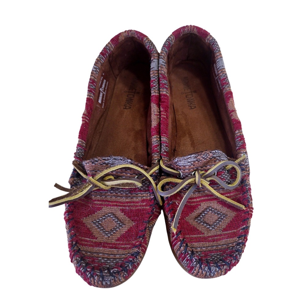 Minnetonka Womens Red Southwestern Geometric Woven Moccasin Loafers Size 9 136